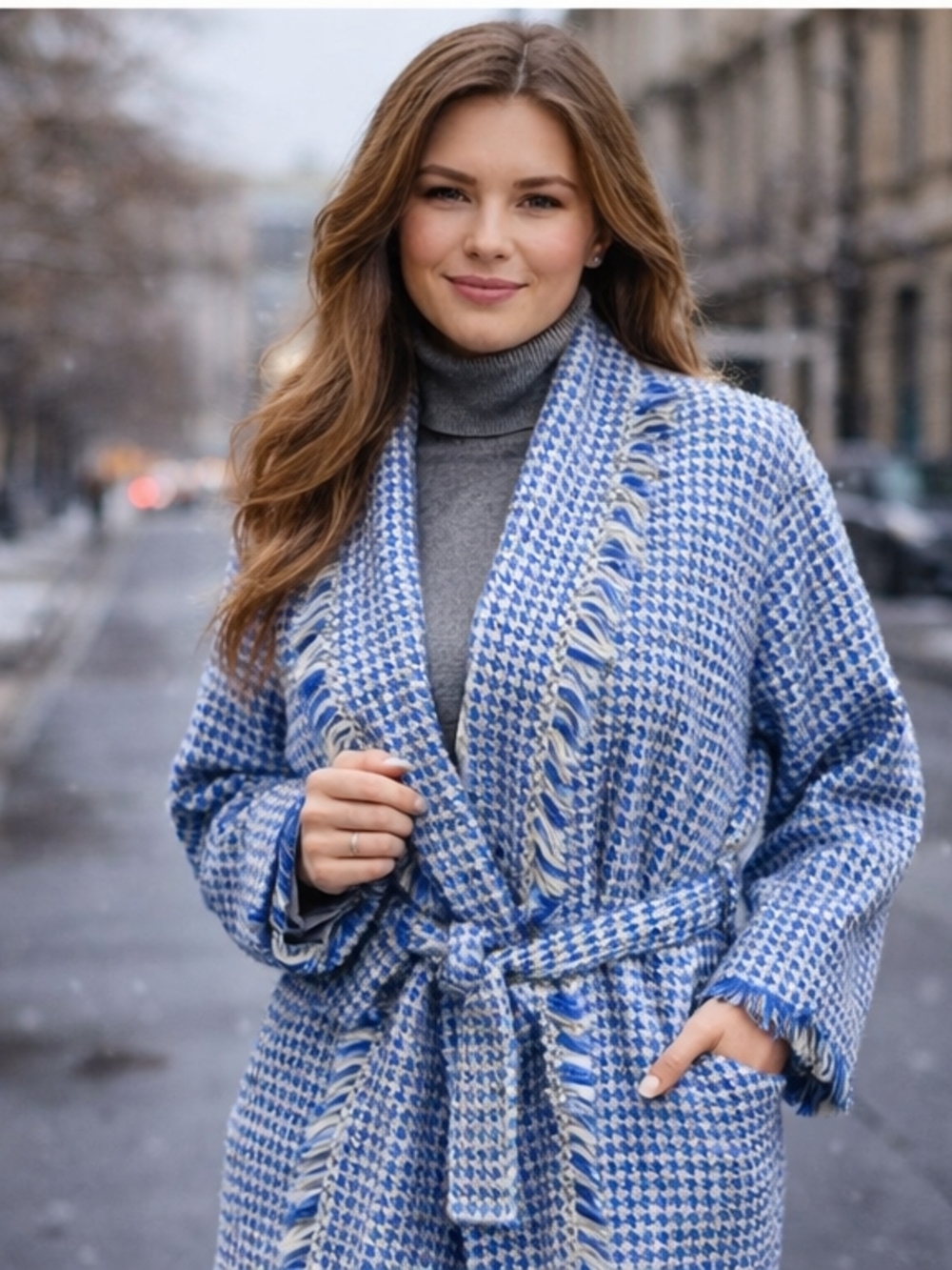 Kangra Merino Wool Blue & Cream Woven Houndstooth Belted Coatigan